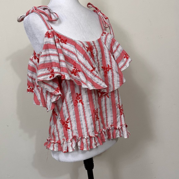 EUC MISA LA White Red Stripes Off Shoulder Tie Straps Oversize Collar Pullover L - Picture 2 of 12